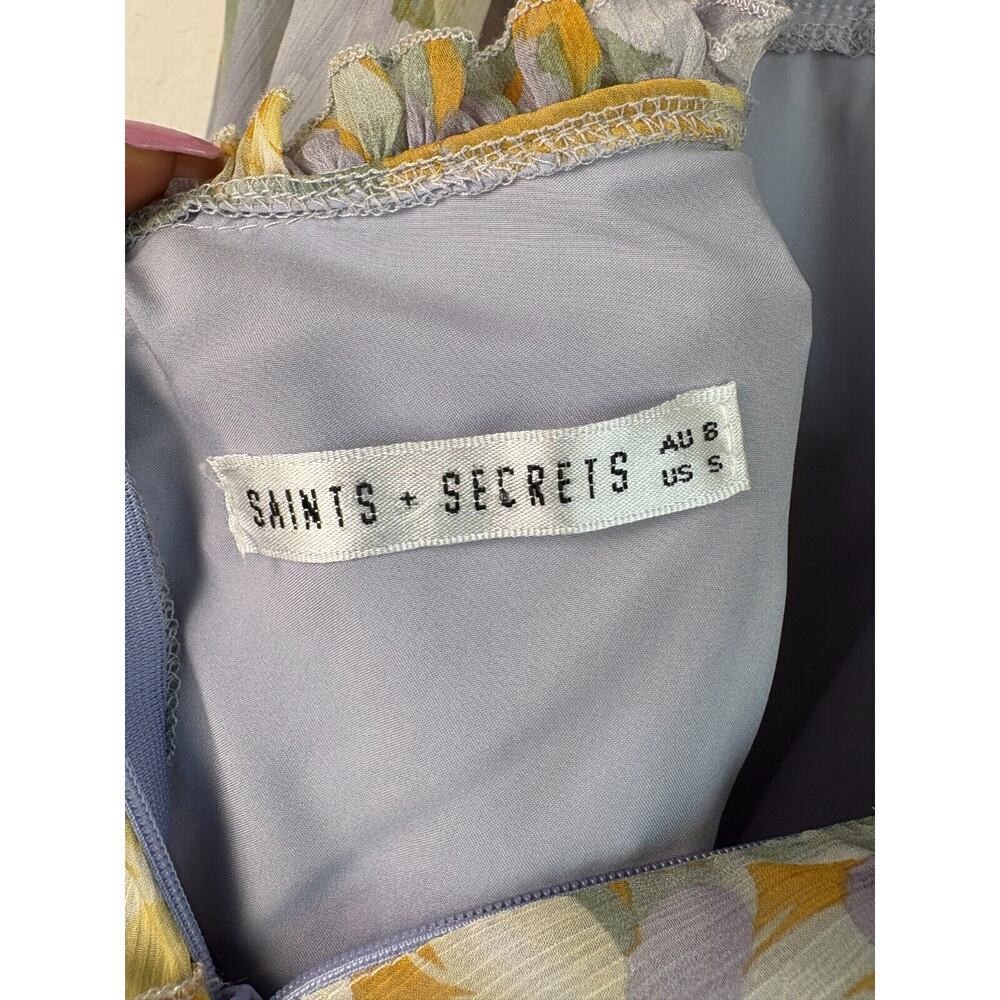 Saints + Secrets Yellow Purple Pastel Floral Ruffle Mini Dress Fairycore Sz S - Picture 9 of 14